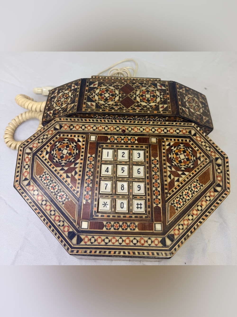 Vintage Egyptian Wood Marquetry Inlaid Telephone Handmade Mosaic Working Phone